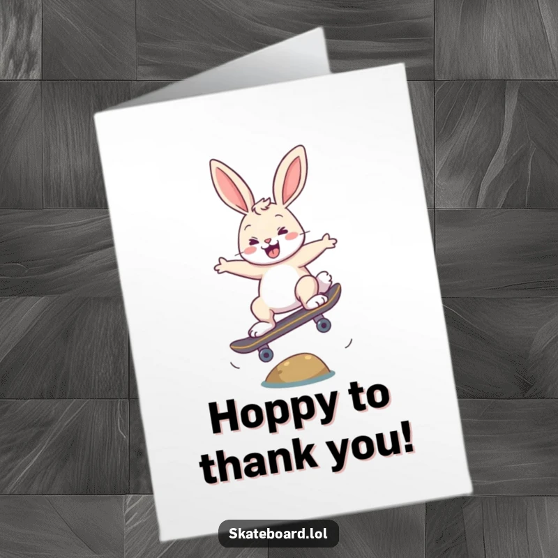 Funny Free Printable Thank You Card: A cheerful bunny successfully ollies over a small obstacle on a skateboard, a cool thank you message.