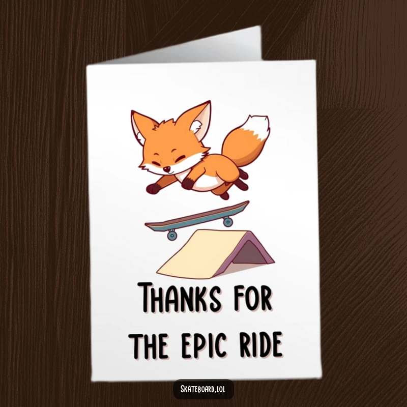 Funny Free Printable Thank You Card: An energetic fox mid-air on a skateboard ramp, sending thanks.