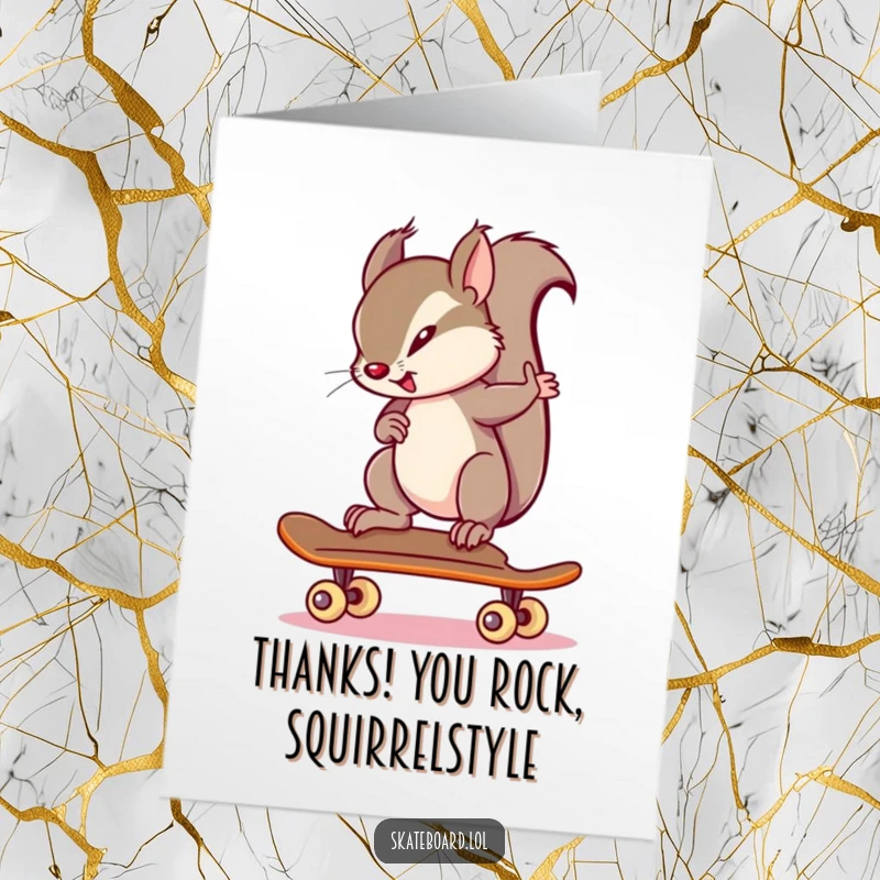 Funny Free Printable Thank You Card: A squirrel with intense focus rides a skateboard, conveying thanks.