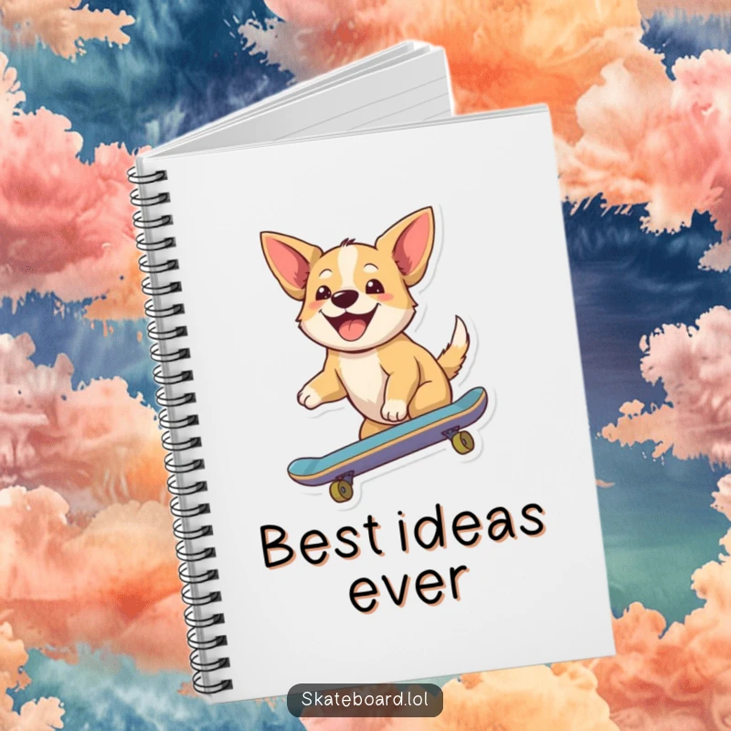 Funny notebook with a joyful dog riding a skateboard, ears flapping, ideal for capturing ideas with canine happiness.
