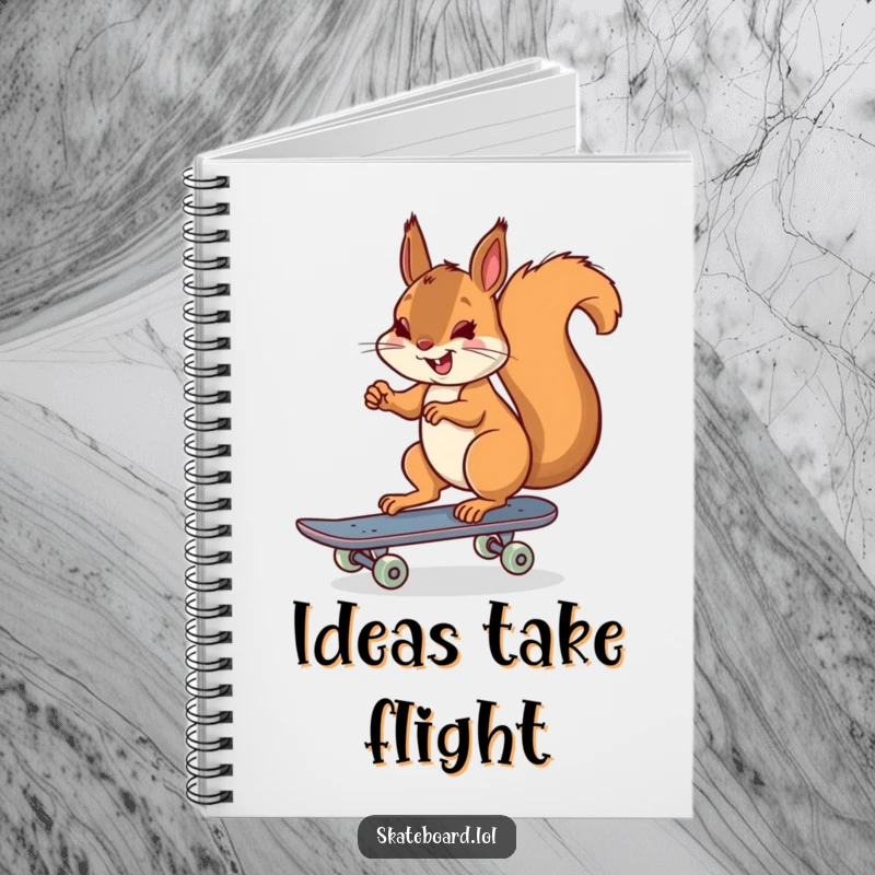 Funny cheerful squirrel skateboarding notebook, pushing off with one foot, perfect for notes and creativity.