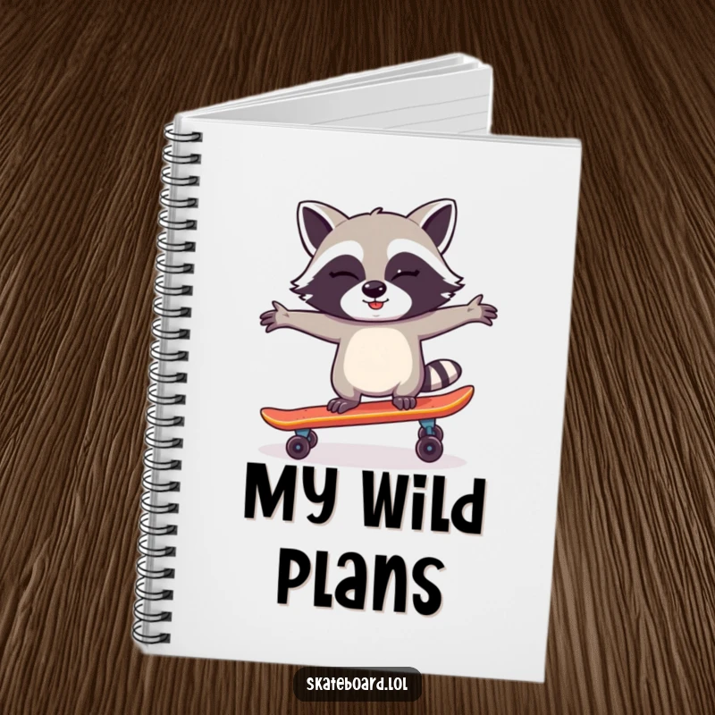 Funny Raccoon Skateboard Notebook featuring a winking raccoon balancing on a skateboard, ideal for journaling and creative writing with a humorous theme.