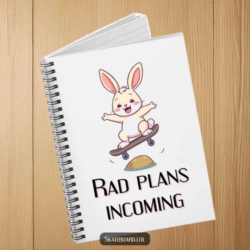 Funny happy bunny skateboarding notebook, doing an ollie, perfect for writing and sketching.