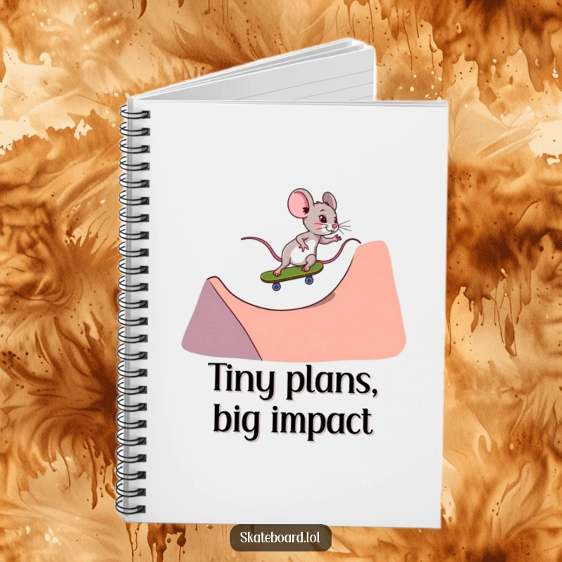 Funny tiny determined mouse skateboarding notebook, riding down a ramp, perfect for notes and planning.
