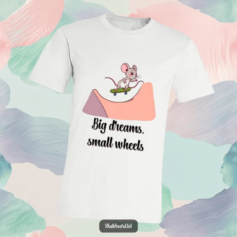 Funny tiny determined mouse t-shirt, riding a skateboard down a ramp, looking fierce, great gift.