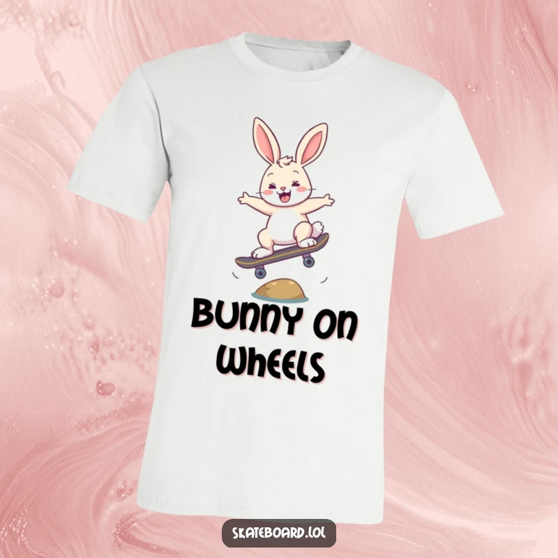 Funny happy bunny t-shirt, ollieing over a tiny obstacle on a skateboard, looking cool, great gift.