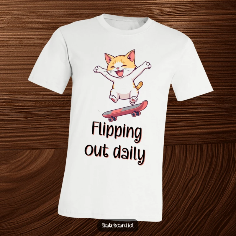Funny t-shirt featuring a hyperactive cat performing an impressive flip while balancing on a skateboard, capturing peak feline adrenaline.