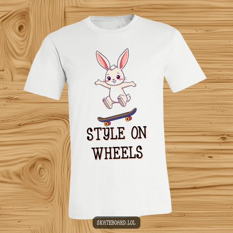 Funny t-shirt featuring a cool bunny performing a stylish jump while on a skateboard, highlighting agility and fashionable flair.