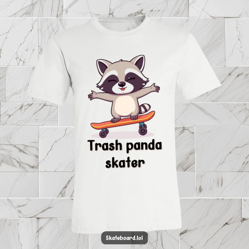Funny Raccoon Skateboard T-Shirt showcasing a winking raccoon with arms outstretched, balancing skillfully on a skateboard for a humorous effect.