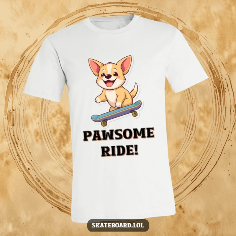 Funny t-shirt with a joyful dog riding a skateboard, ears flapping energetically, conveying sheer happiness and freedom.