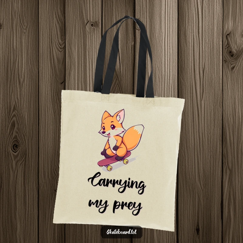 Funny fox confidently riding a skateboard downhill on a practical tote bag, ideal funny gift.