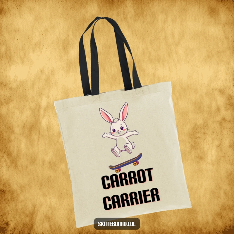 Funny tote bag with a cool bunny performing a stylish skateboard jump, perfect for carrying items with chic and humorous flair.