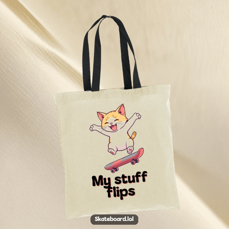 Funny tote bag with a hyperactive cat performing a skateboard flip, perfect for carrying essentials with a dose of energetic feline humor.