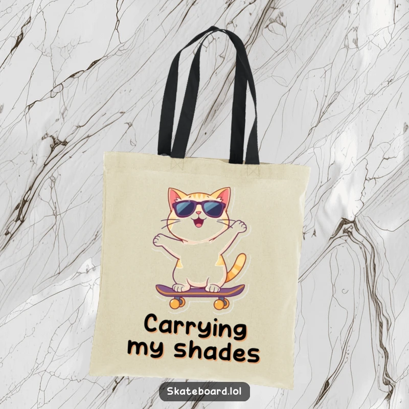 Funny cheerful cat in sunglasses rides a skateboard backward on this tote bag, representing a cool and carefree attitude.