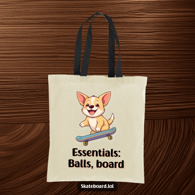 Funny tote bag with a joyful dog riding a skateboard, ears flapping, perfect for carrying items with a cheerful and humorous canine touch.