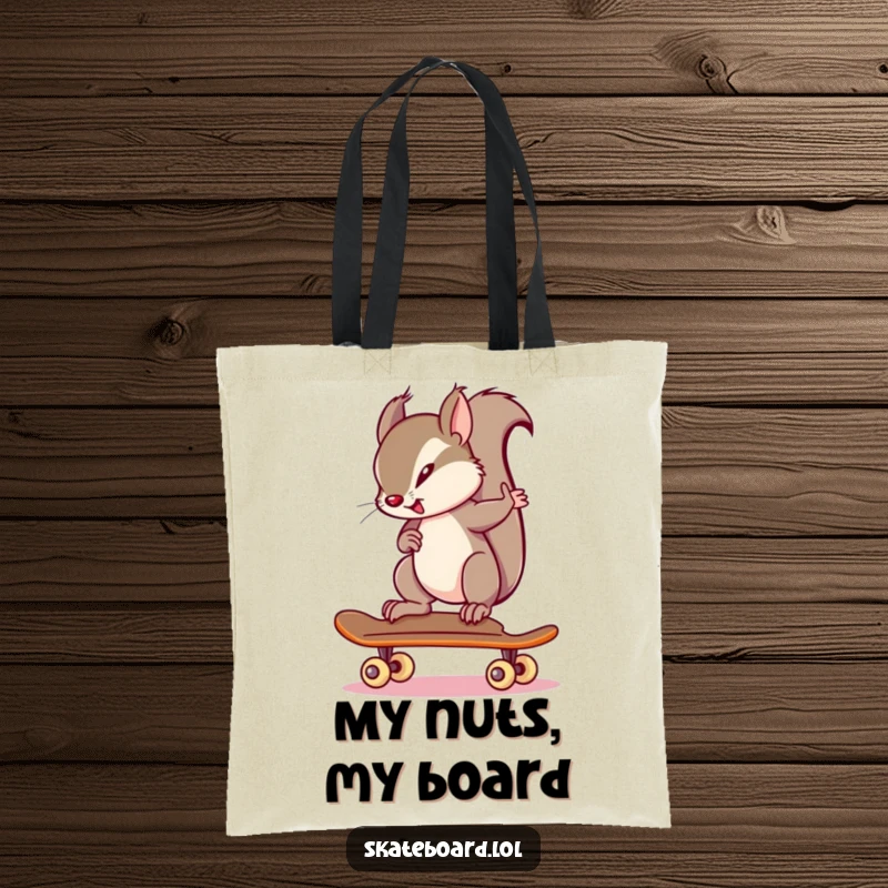 Funny squirrel balancing with intense focus on a skateboard, designed on a durable tote bag, excellent funny gift.